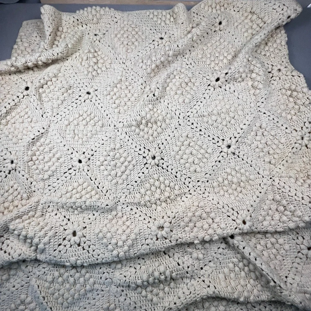 Handmade Crochet Popcorn Stitch Afghan Blanket 72x58 Cream Boho Farmhouse VTG